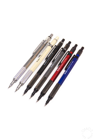 Mechanical pencil set with assorted barrel colors: silver, white, black, red, blue