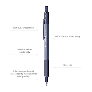 Dark blue mechanical pencil with push-button mechanism, brass grip, metal clips, eraser