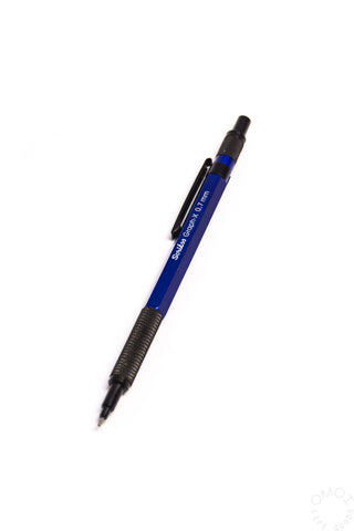 Blue mechanical pencil with black tip and ridged grip