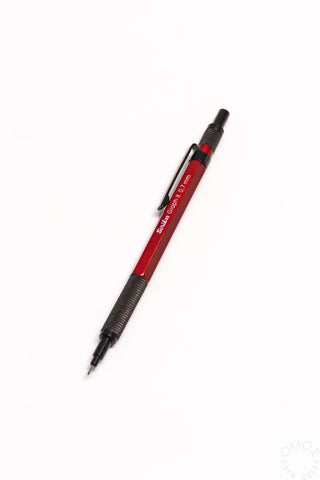 Red mechanical pencil with black tip and ridged grip