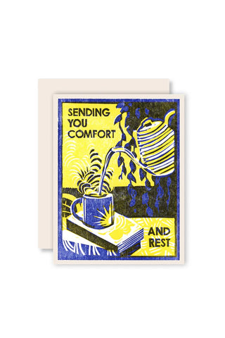 Letterpress greeting card with blue-yellow illustration and 'Sending You Comfort and Rest'