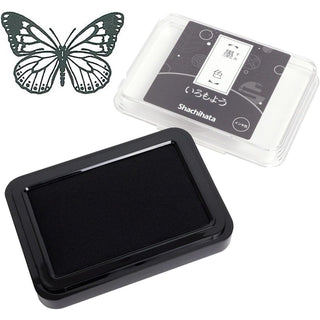 Shachihata large stamp ink pad in black, with clear case and butterfly design