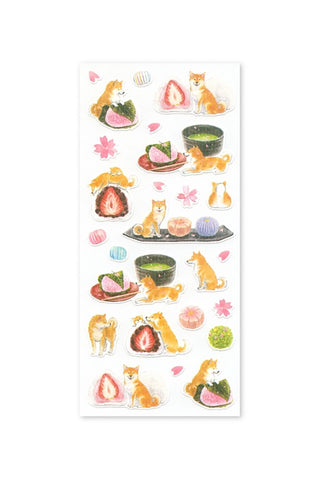 Sticker sheet with Shiba Inu daifuku sweets, tea, fruit slices, and pastel treats