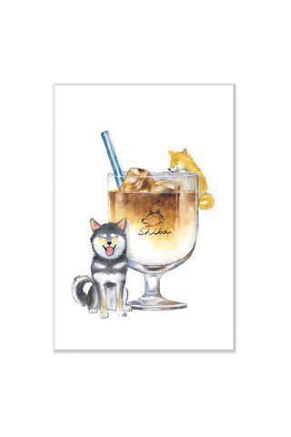 Shiba Inu postcard with café au lait illustration