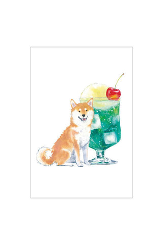 Shiba Inu postcard with orange dog beside green melon drink float