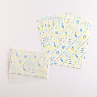 Letter set with two patterned envelopes and matching blue and yellow designs