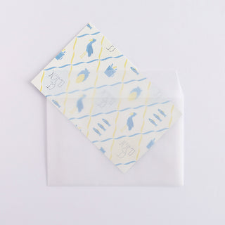 Patterned envelope flap and inner sheet with blue and yellow icons