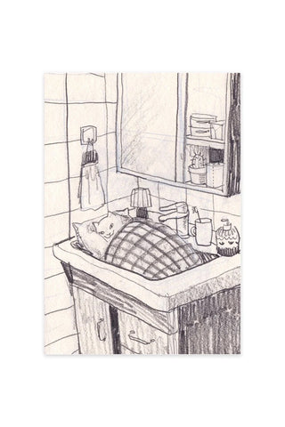 Illustrated sink-side sleeping scene postcard with bed, pillows, and toiletries