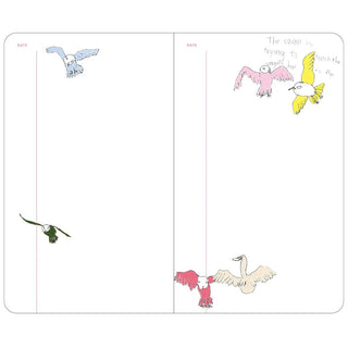 A6 slim open-dated diary open spread with date lines and colorful bird illustrations
