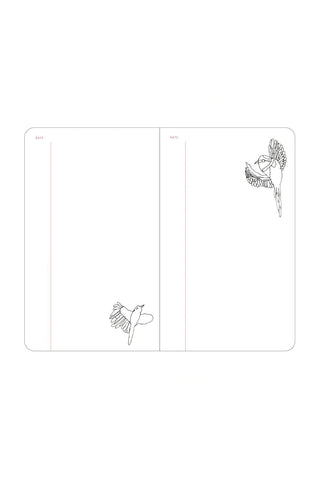 A6 slim open-dated diary open spread with small line bird drawings on lined pages