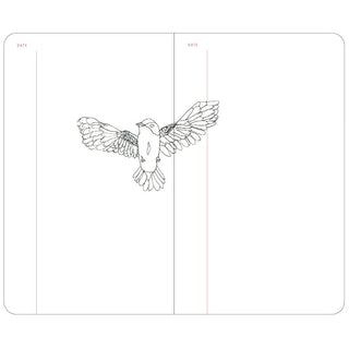 A6 slim open-dated diary open spread with grayscale bird illustration between date lines