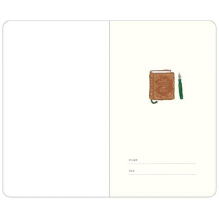 Open A6 diary pages with brown book and green bottle illustrations