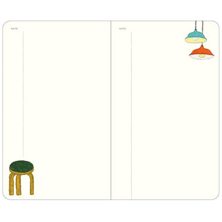 Open A6 diary pages with illustrated lamps on the right page and stool on left