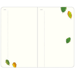 Open A6 diary pages with vertical date lines and colorful leaf corner stickers