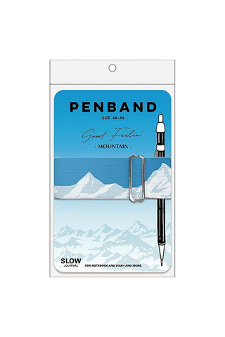 Mountain-themed pen band package with metal clip, featuring mountain illustration