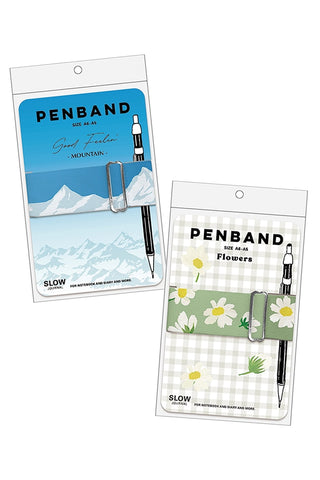 Blue mountain print pen band with metal clip and gray snap clasp