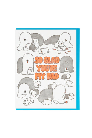 Greeting card featuring doodle sheepdogs and the message "So glad you're my dad"