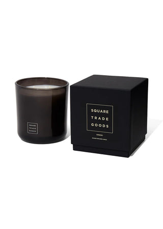 Square Trade Goods 16oz double-wick candle in dark glass jar with gift box