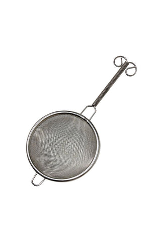 Stainless steel tea strainer with round mesh basket and wire handle