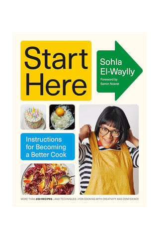 Cookbook cover with “Start Here” title, green arrow, and cooking instruction layout