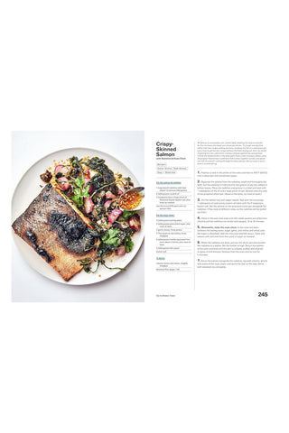 Cookbook open spread with plated meal photo and recipe instructions page