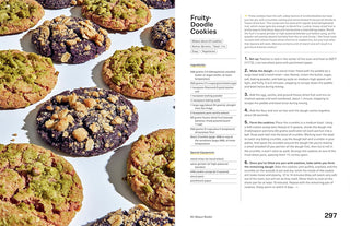 Cookbook open spread with fruit-doodle cookies and recipe instruction list