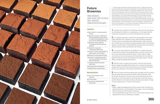Cookbook open spread with square brownies on a grid and recipe instructions