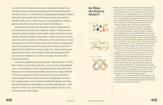 Cookbook open spread with text pages and a colorful gluten information chart