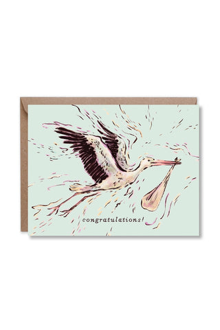 Congratulations greeting card with illustrated stork and 'congratulations!' text