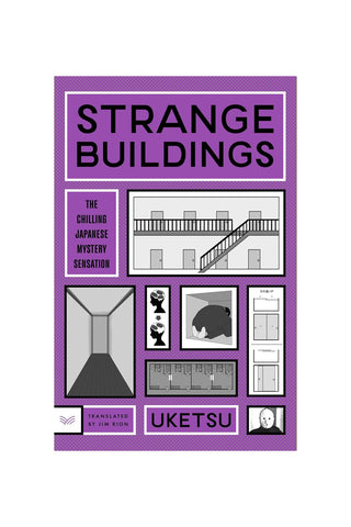Purple illustrated Strange Buildings book cover with collage layout and bold title text