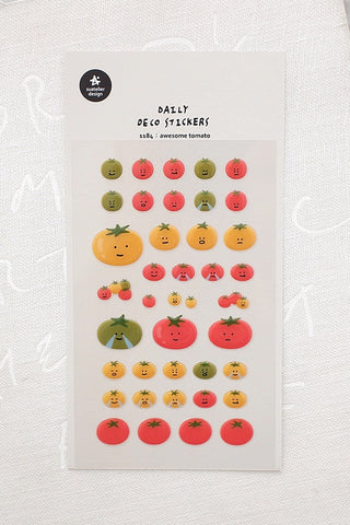 Glossy puffy sticker sheet with cute tomato and fruit character faces, assorted shapes