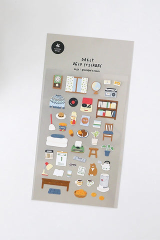Grandpa's room sticker sheet with illustrated furniture and decor, assorted small stickers