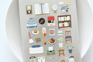Grandpa's room sticker sheet close-up with chairs, shelves, appliances, plants, and decor