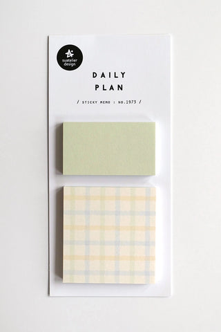 Suatelier Daily Plan sticky memo set with green plaid and pale check notes in clear pack