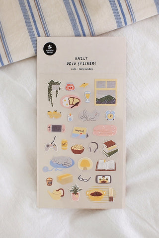 Assorted Lazy Sunday sticker sheet with food, books, stars, and small icons