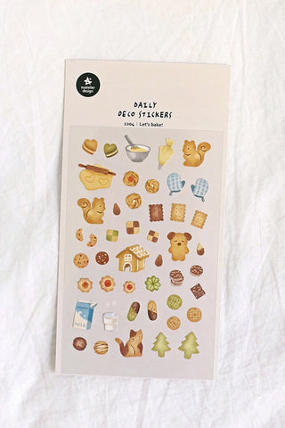 Baking-themed sticker sheet with cookies, bears, pastries, and hearts