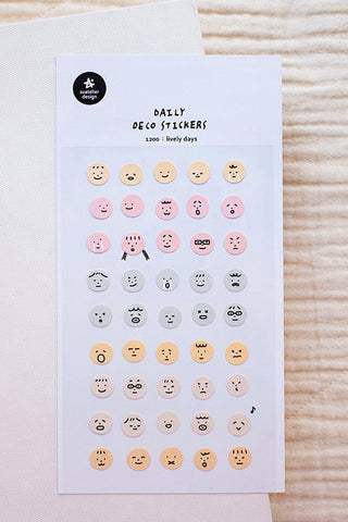 Daily emoji face sticker sheet with multiple round smiley stickers in pastel colors