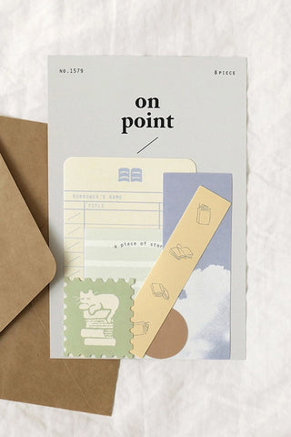 Stationery sticker pack with envelopes, labels, and small icon designs.