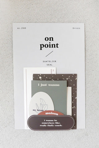 Sticker pack with multiple on-point phrase designs and abstract icons, in a clear set