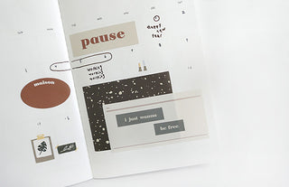 Sticker sheet layout with 'Pause' title and small coffee and calendar-style icons