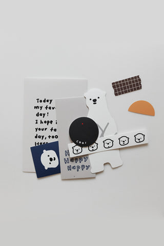 Suatelier sticker pack with animal faces, Happy Happy lettering, grid, and speech-bubble stickers