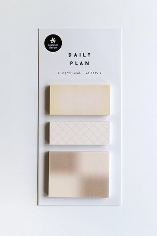 Daily Plan sticky memo set with three beige notes, including one patterned strip