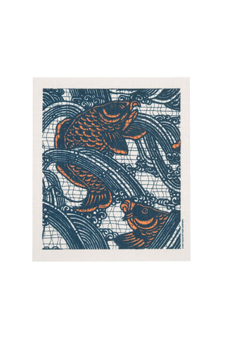 Swedish dishcloth with navy and orange koi fish pattern