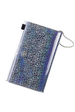Small holographic zip pouch with clear pocket panels and chain pull