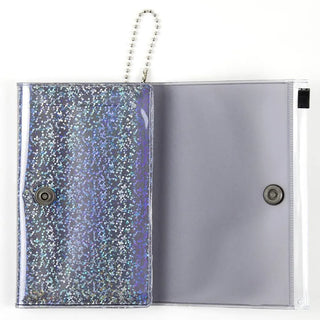 Small holographic zip pouch with transparent outer panel and gray interior pocket