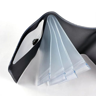 Black pouch with holographic-style inner panels and zipper closure