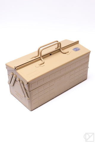 Beige cantilever toolbox with carrying handle and side latches