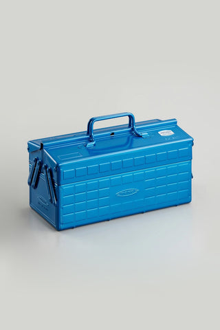 Blue cantilever toolbox with front handle and latch, closed and ready to carry.