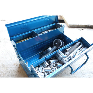 Blue cantilever toolbox open showing metal tools and hardware inside.