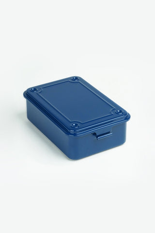 Indigo stackable storage box with hinged lid and latch, rectangular.